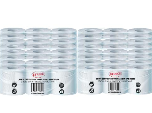 48 Rolls Strike White Centre feed Rolls Embossed 2ply Wiper Paper Towel 50M - Premium Quality Tissue Online - Product Image 48 Rolls Strike White Centre feed Rolls Embossed 2ply Wiper Paper Towel 50M - Premium Quality Tissue Online - Product Image